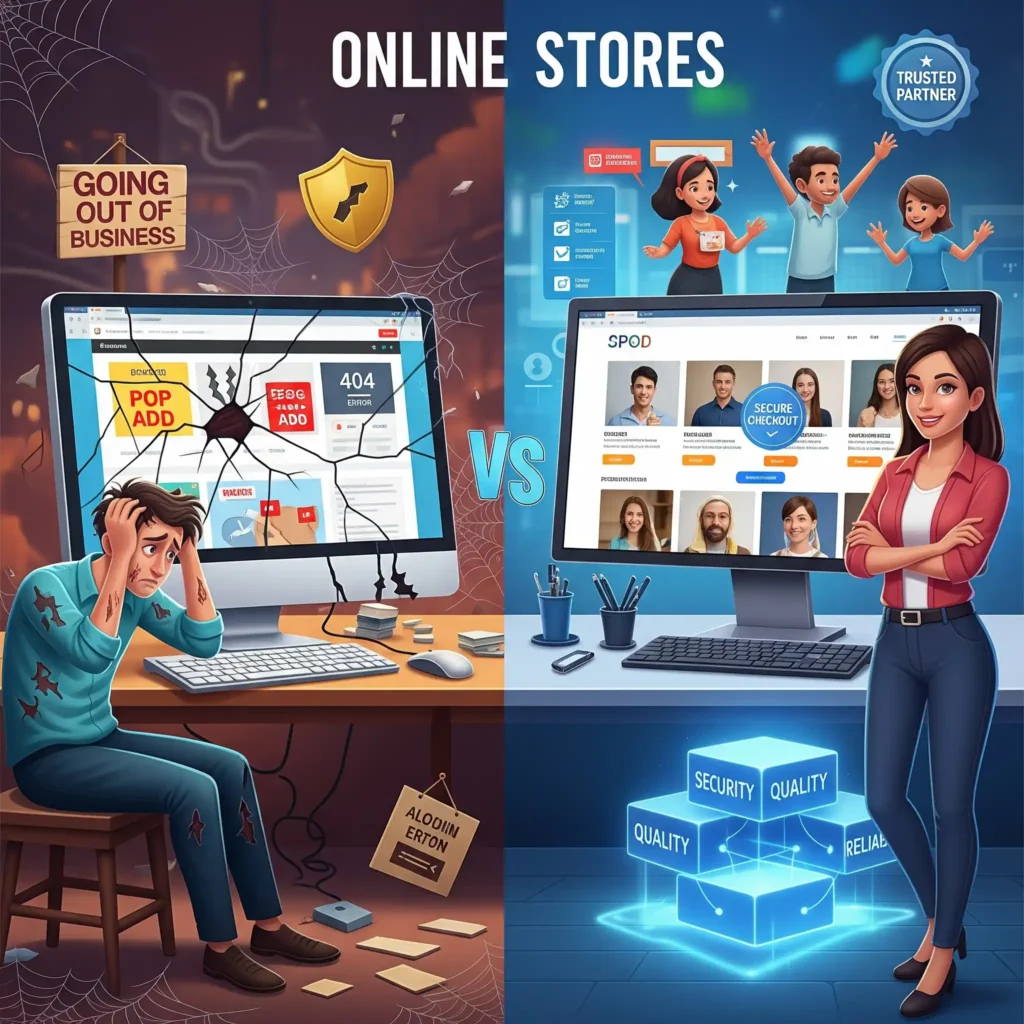 Seorang pemilik bisnis puas dengan website profesional dari jasa web toko online.