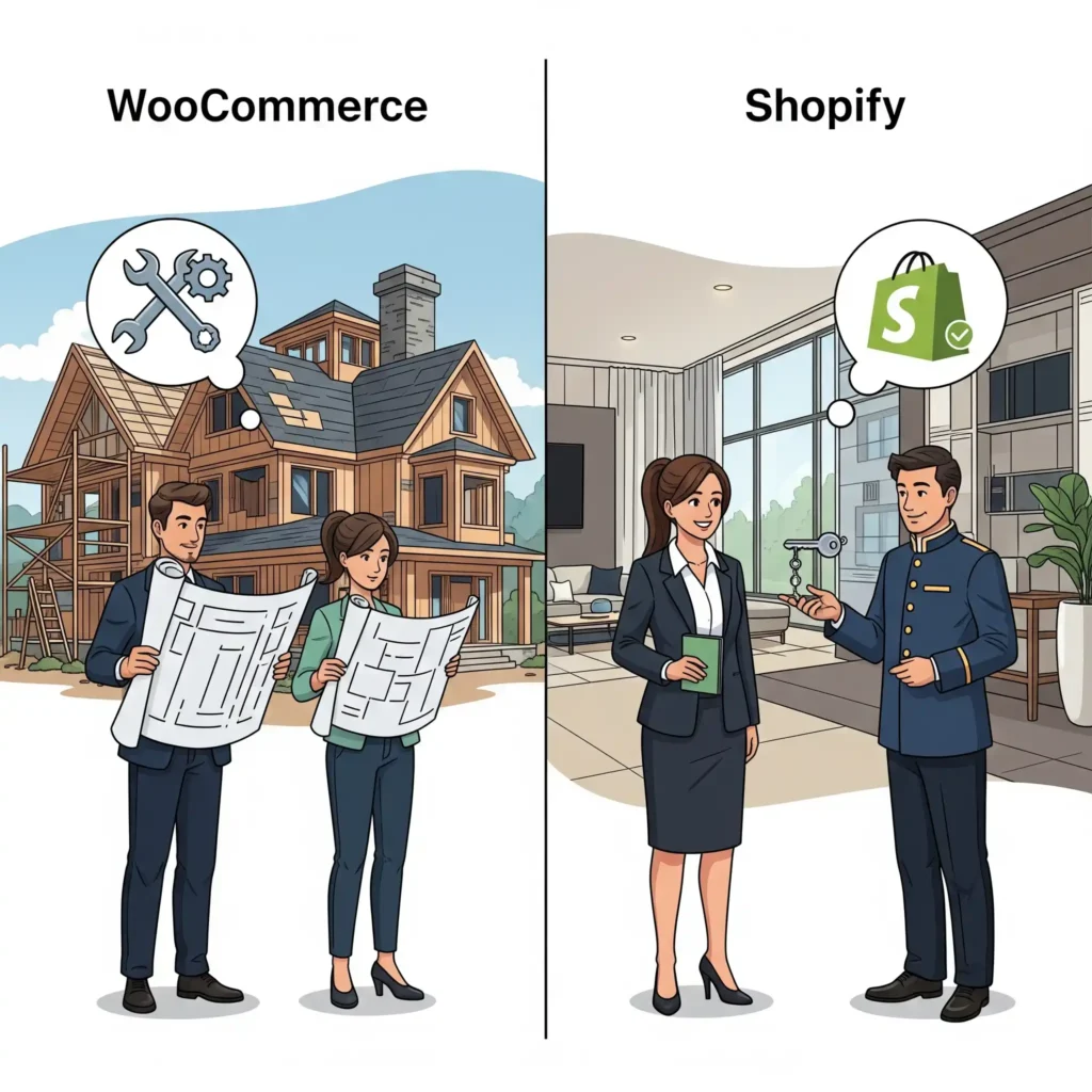 Sebuah ilustrasi yang membandingkan WooCommerce dan Shopify. Sisi WooCommerce digambarkan sebagai proses membangun rumah kustom yang membutuhkan perencanaan teknis (cetak biru), melambangkan fleksibilitas dan kontrol penuh. Sisi Shopify digambarkan sebagai proses menerima kunci apartemen mewah siap huni, melambangkan kemudahan, kecepatan, dan solusi siap pakai.