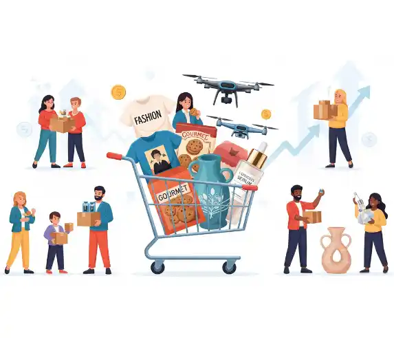 Diagram tiga **model bisnis online** profitable yang didukung oleh **Jasa Web Toko Online** profesional