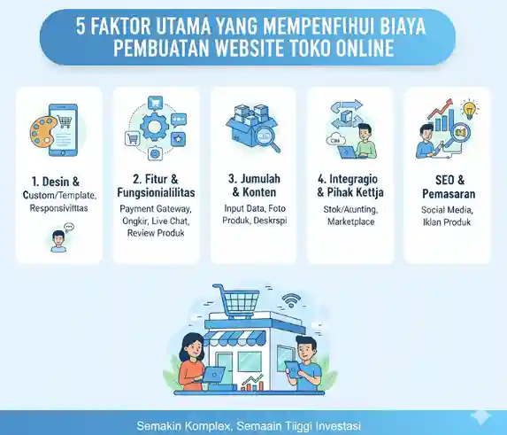 "Sebuah banner infografis dengan judul '5 Faktor Utama yang Mempengaruhi Biaya Pembuatan Website Toko Online'. Ilustrasi utama menampilkan seorang pemilik bisnis yang sedang berpikir di depan sebuah etalase toko digital di layar besar. Di sekelilingnya, terdapat lima ikon yang mewakili faktor-faktor biaya: Desain Kustom, dilambangkan dengan ikon kuas dan palet warna. Jumlah Produk, dilambangkan dengan ikon kotak paket. Sistem Pembayaran, dilambangkan dengan ikon kartu kredit. Fitur Tambahan, dilambangkan dengan ikon potongan puzzle. Dukungan & Pemeliharaan, dilambangkan dengan ikon kunci inggris dan roda gigi. Desain banner ini bersih dan profesional dengan dominasi warna biru, secara visual menjelaskan elemen-elemen utama yang menentukan biaya pembuatan sebuah website e-commerce."