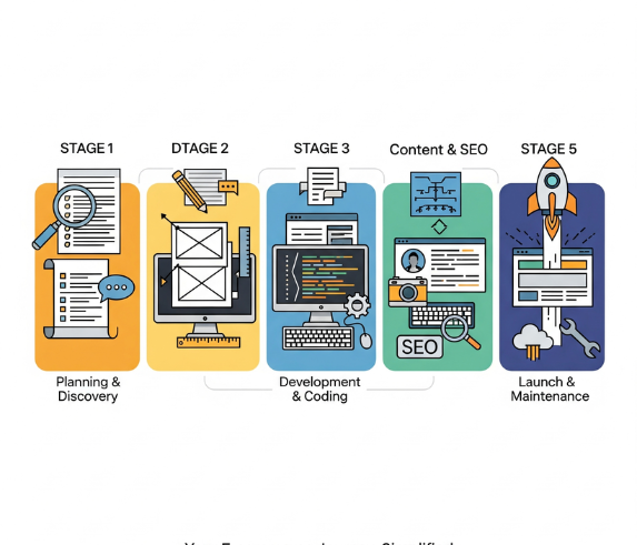 gambar ilustrasi 5 tahapan pembuatan website oleh jasa toko online. Tahapan-tahapan tersebut adalah: Stage 1: Planning & Discovery - Digambarkan dengan dokumen, kaca pembesar, dan gelembung percakapan, menunjukkan fase perencanaan dan riset awal. Stage 2: Design - Digambarkan dengan monitor komputer menampilkan kerangka desain (wireframe), penggaris, dan pensil, menunjukkan proses perancangan visual website. Stage 3: Development & Coding - Digambarkan dengan monitor komputer menampilkan kode program dan keyboard, menunjukkan tahap pengembangan dan pengkodean website. Content & SEO - Digambarkan dengan monitor komputer menampilkan profil pengguna, ikon kamera, dan "SEO" dalam kaca pembesar, menunjukkan tahap pengisian konten dan optimisasi mesin pencari. Stage 5: Launch & Maintenance - Digambarkan dengan roket meluncur dari monitor komputer, awan, dan kunci pas, menunjukkan tahap peluncuran dan pemeliharaan website. Di bagian bawah gambar terdapat teks "Your E-commerce Journey, Simplified."
