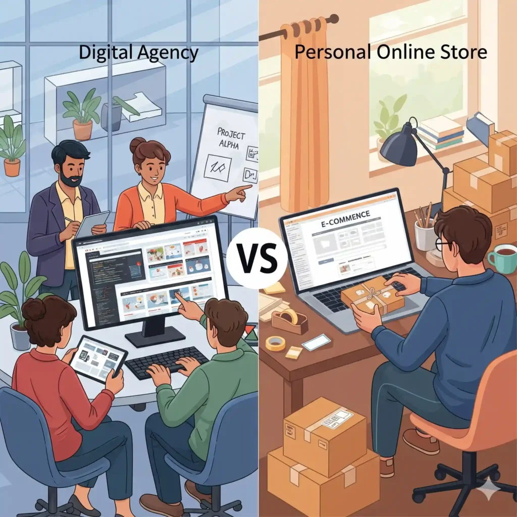 "Sebuah ilustrasi yang membandingkan dua pendekatan untuk e-commerce, dibagi menjadi dua bagian oleh simbol 'VS' di tengah. Sisi kiri, berlabel "Digital Agency", menggambarkan suasana kantor yang profesional dan kolaboratif. Empat orang profesional agency terlihat bekerja bersama: seorang wanita mempresentasikan di papan tulis bertuliskan "PROJECT ALPHA", seorang wanita lain melihat tablet, dan dua orang lainnya duduk di depan monitor komputer yang menampilkan antarmuka website e-commerce yang kompleks. Ruangan dihiasi dengan tanaman dan desain modern, menunjukkan sumber daya dan keahlian tim. Sisi kanan, berlabel "Personal Online Store" (Toko Online Pribadi), menggambarkan suasana rumahan yang lebih intim. Seorang pria duduk di meja kerja dengan laptop yang menampilkan halaman "E-COMMERCE". Dia sibuk membungkus paket produk, dengan beberapa kotak dan perlengkapan pengemasan di sesekililingnya. Ruangan ini adalah sebuah kantor rumah dengan jendela yang cerah, tanaman, dan cangkir kopi, mencerminkan sifat usaha mandiri. Ilustrasi ini secara visual membedakan skala, sumber daya, dan suasana kerja antara bisnis e-commerce yang dikelola oleh sebuah agensi dengan bisnis yang dijalankan secara mandiri."