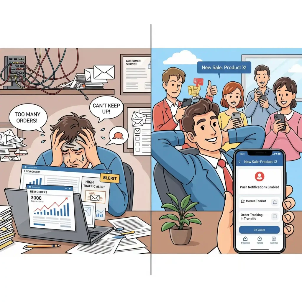 "Sebuah ilustrasi yang terbagi dua, menampilkan kontras antara sebuah toko online yang kewalahan dan toko online yang efisien berkat aplikasi seluler. Di sisi kiri, digambarkan suasana kerja yang kacau. Seorang pria dengan ekspresi stres dan tangan di kepala duduk di meja yang penuh tumpukan dokumen, kabel-kabel berantakan, dan cangkir kopi. Layar laptopnya menunjukkan "NEW ORDERS: 3000" dan "HIGH TRAFFIC ALERT," dengan grafik yang menanjak tajam. Balon teks di atas kepalanya menunjukkan "TOO MANY ORDERS!" dan "CAN'T KEEP UP!". Di latar belakang, terlihat tumpukan surat dan tanda "CUSTOMER SERVICE" yang kewalahan. Di sisi kanan, digambarkan suasana yang tenang dan terkendali. Seorang pria berjas duduk santai di kursi dengan senyum puas, melipat tangan di belakang kepala. Di depannya, terlihat tangan memegang smartphone yang menampilkan notifikasi "New Sale: Product X!" dan fitur "Push Notifications Enabled" serta "Order Tracking: In Transit". Di latar belakang, tiga orang lainnya terlihat gembira dengan ponsel masing-masing, salah satunya menunjukkan jempol ke atas. Balon teks di atas mereka juga menunjukkan "New Sale: Product X!". Ilustrasi ini secara keseluruhan menunjukkan transisi dari kekacauan menjadi efisiensi dengan adanya aplikasi toko online."