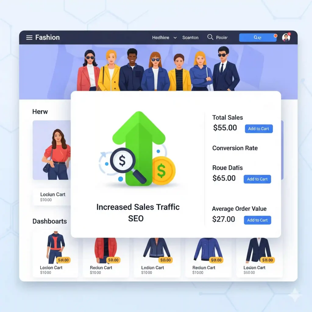 "Sebuah ilustrasi dashboard website e-commerce fashion yang modern dan analitis. Di bagian depan, sebuah jendela pop-up menjadi sorotan utama, menampilkan grafik besar berupa panah hijau yang menunjuk ke atas, melambangkan pertumbuhan. Di dalam panah tersebut terdapat ikon kaca pembesar dengan simbol dolar, dan di sampingnya ada koin dolar, yang secara visual merepresentasikan 'Peningkatan Lalu Lintas Penjualan' (Increased Sales Traffic) dari 'SEO'. Di sebelah kanan grafik, ditampilkan metrik kunci seperti 'Total Penjualan' (Total Sales), 'Tingkat Konversi' (Conversion Rate), dan 'Nilai Pesanan Rata-Rata' (Average Order Value) dengan angka-angka yang menunjukkan keberhasilan. Latar belakang ilustrasi menampilkan antarmuka toko online 'Fashion' dengan banner model dan daftar produk, memberikan konteks bahwa analisis data ini adalah untuk sebuah toko fashion."