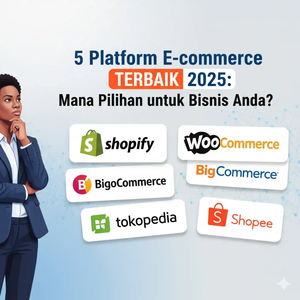 "Sebuah ilustrasi banner informatif dengan judul besar '5 Platform E-commerce Terbaik 2025: Mana Pilihan untuk Bisnis Anda?'. Di sisi kiri, terdapat ilustrasi seorang wanita berkulit gelap dengan pakaian bisnis yang sedang berpikir, tangannya menyentuh dagu, melambangkan pengambilan keputusan bisnis. Di sisi kanan, tertera lima logo platform e-commerce populer dalam bentuk kartu putih dengan sudut membulat, menonjolkan pilihan-pilihan utama: Shopify (logo hijau) WooCommerce (logo hitam) BigCommerce (logo oranye) Tokopedia (logo hijau) Shopee (logo oranye) Latar belakang banner berwarna biru muda dengan motif geometris abstrak, memberikan kesan modern dan teknologi. Ilustrasi ini secara keseluruhan menyiratkan bahwa wanita tersebut sedang mempertimbangkan platform e-commerce terbaik untuk bisnisnya dari pilihan yang disajikan."