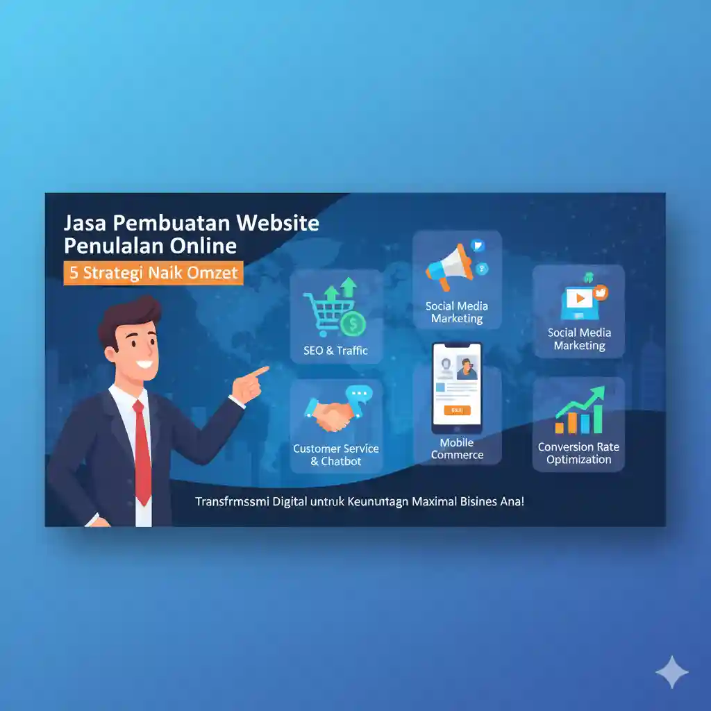 "Sebuah ilustrasi banner horizontal dengan latar belakang peta dunia digital berwarna biru gelap, menunjukkan konektivitas global. Judul banner di kiri atas berbunyi 'Jasa Pembuatan Website Penjualan Online - 5 Strategi Naik Omzet'. Di sisi kiri banner, seorang pria berjas dan dasi merah tersenyum dan menunjuk ke arah lima ikon yang mewakili strategi peningkatan omzet: SEO & Traffic: Diwakili oleh ikon keranjang belanja dengan panah dan simbol dolar. Pemasaran Media Sosial (Social Media Marketing): Diwakili oleh ikon megafon dengan logo media sosial. Layanan Pelanggan & Chatbot (Customer Service & Chatbot): Diwakili oleh ikon jabat tangan dan gelembung chat. Mobile Commerce: Diwakili oleh ikon ponsel dengan antarmuka e-commerce. Optimasi Tingkat Konversi (Conversion Rate Optimization): Diwakili oleh ikon grafik batang menanjak. Teks di bagian bawah banner berbunyi 'Transformasi Digital untuk Keuntungan Maksimal Bisnis Anda!'. Ilustrasi ini secara keseluruhan menyajikan panduan visual yang menarik tentang cara meningkatkan penjualan online."