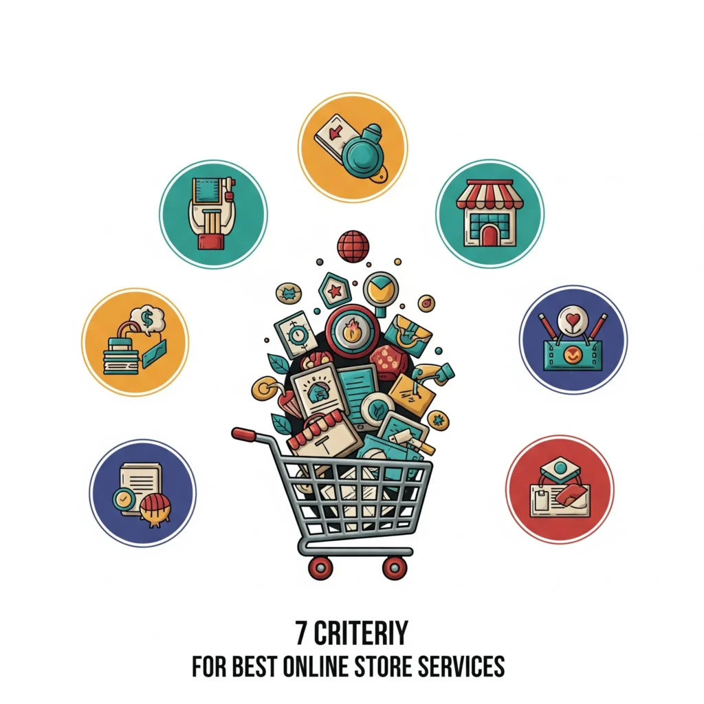 "Ilustrasi konsep dengan latar belakang putih yang menampilkan 7 kriteria untuk layanan toko online terbaik. Di tengah terdapat gambar keranjang belanja yang penuh dengan ikon-ikon e-commerce, dan di sekelilingnya ada tujuh ikon melingkar berwarna yang masing-masing melambangkan sebuah kriteria."