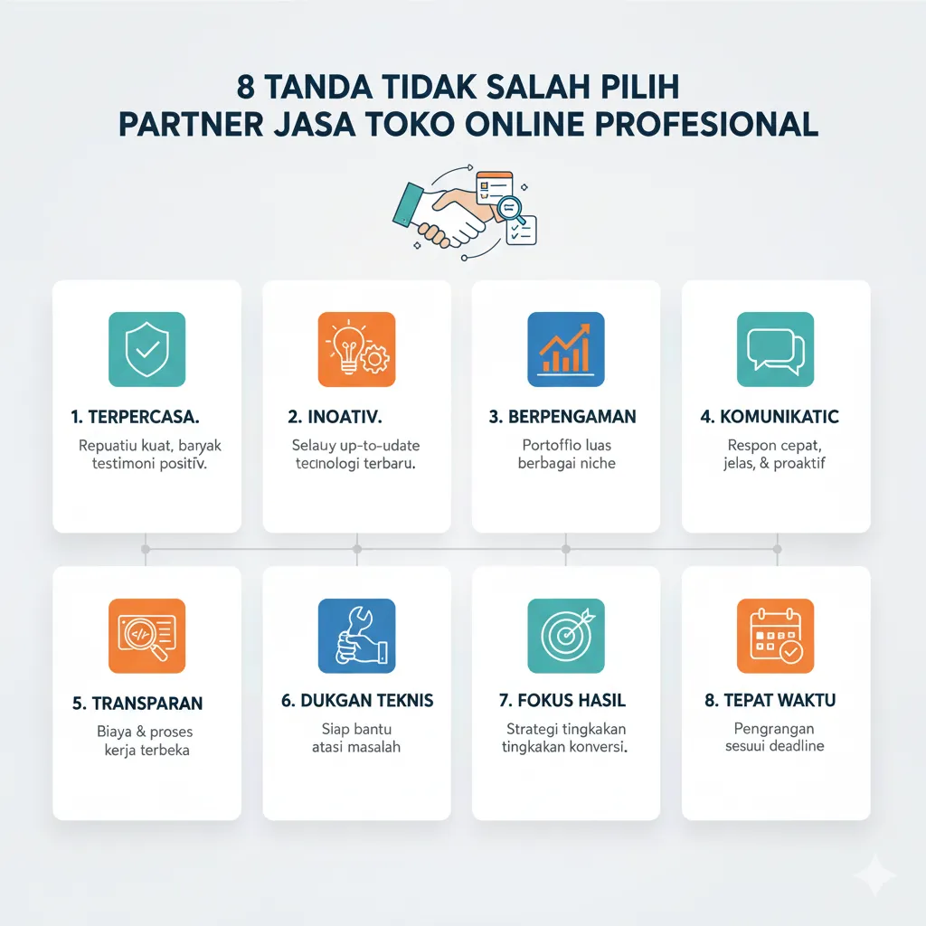 Infografis 8 Tanda Tidak Salah Pilih Partner Jasa Toko Online Profesional. Menampilkan ikon dan deskripsi singkat untuk setiap tanda: 1. Terpercaya (ikon perisai), 2. Inovatif (ikon bohlam), 3. Berpengalaman (ikon grafik naik), 4. Komunikatif (ikon chat), 5. Transparan (ikon kode), 6. Dukungan Teknis (ikon kunci pas), 7. Fokus Hasil (ikon target), 8. Tepat Waktu (ikon kalender). Di bagian atas terdapat ilustrasi berjabat tangan dan dokumen."