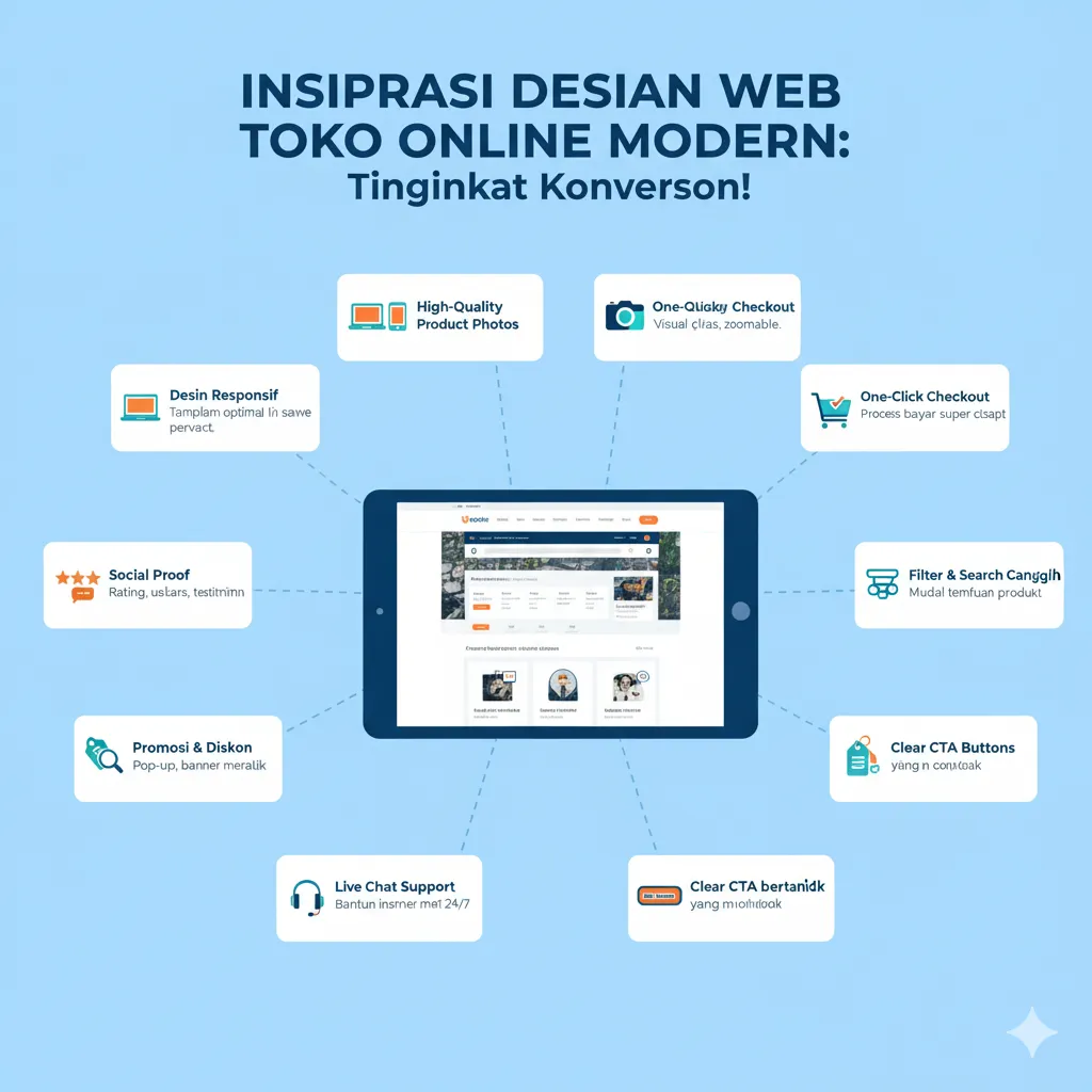 Infografis Inspirasi Desain Web Toko Online Modern untuk Peningkatan Konversi. Gambar tablet di tengah menampilkan tampilan toko online. Sekelilingnya terdapat 8 poin utama: 1. Foto Produk Berkualitas Tinggi (ikon kamera), 2. Desain Responsif (ikon laptop dan HP), 3. Social Proof (ikon bintang review), 4. Promosi & Diskon (ikon pop-up), 5. Live Chat Support (ikon headset), 6. Tombol CTA Jelas (ikon tombol), 7. Filter & Pencarian Canggih (ikon filter), dan 8. Checkout Satu Klik (ikon keranjang belanja)."