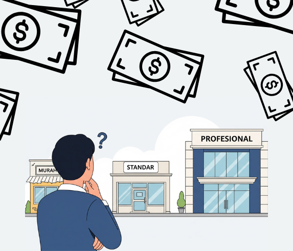 "An illustration depicting a man, seen from behind, looking thoughtfully at three different store buildings, with a question mark above his head. Money symbols (dollar bills) are falling from the top of the image. The three buildings represent different service levels: To the left: A small, yellow store labeled "MURAH" (Cheap). In the center: A slightly larger, white store labeled "STANDAR" (Standard). To the right: A tall, blue, modern building labeled "PROFESIONAL" (Professional). The man appears to be contemplating a choice between these options, likely related to the cost (implied by the falling money) and quality or professionalism of services."