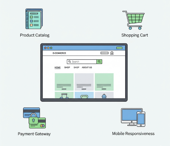 "Sebuah ilustrasi minimalis yang menampilkan lima fitur penting untuk website e-commerce yang terjangkau. Di tengah, terdapat jendela browser yang menampilkan halaman utama sebuah website "E-COMMERCE" dengan bilah pencarian dan menu navigasi dasar (Home, Shop, About Us), menunjukkan antarmuka yang bersih dan fungsional. Di sekeliling jendela browser, terdapat empat ikon fitur utama: Katalog Produk (Product Catalog): Di bagian atas kiri, diwakili oleh ikon buku catatan terbuka. Keranjang Belanja (Shopping Cart): Di bagian atas kanan, diwakili oleh ikon keranjang belanja hijau. Gerbang Pembayaran (Payment Gateway): Di bagian bawah kiri, diwakili oleh ikon kartu kredit dengan gembok, melambangkan keamanan transaksi. Responsif Seluler (Mobile Responsiveness): Di bagian bawah kanan, diwakili oleh ikon monitor desktop dan smartphone, menunjukkan adaptasi tampilan untuk berbagai perangkat. Ilustrasi ini menggunakan gaya outline berwarna-warni dengan latar belakang putih, menyoroti fitur-fitur dasar yang esensial untuk toko online."