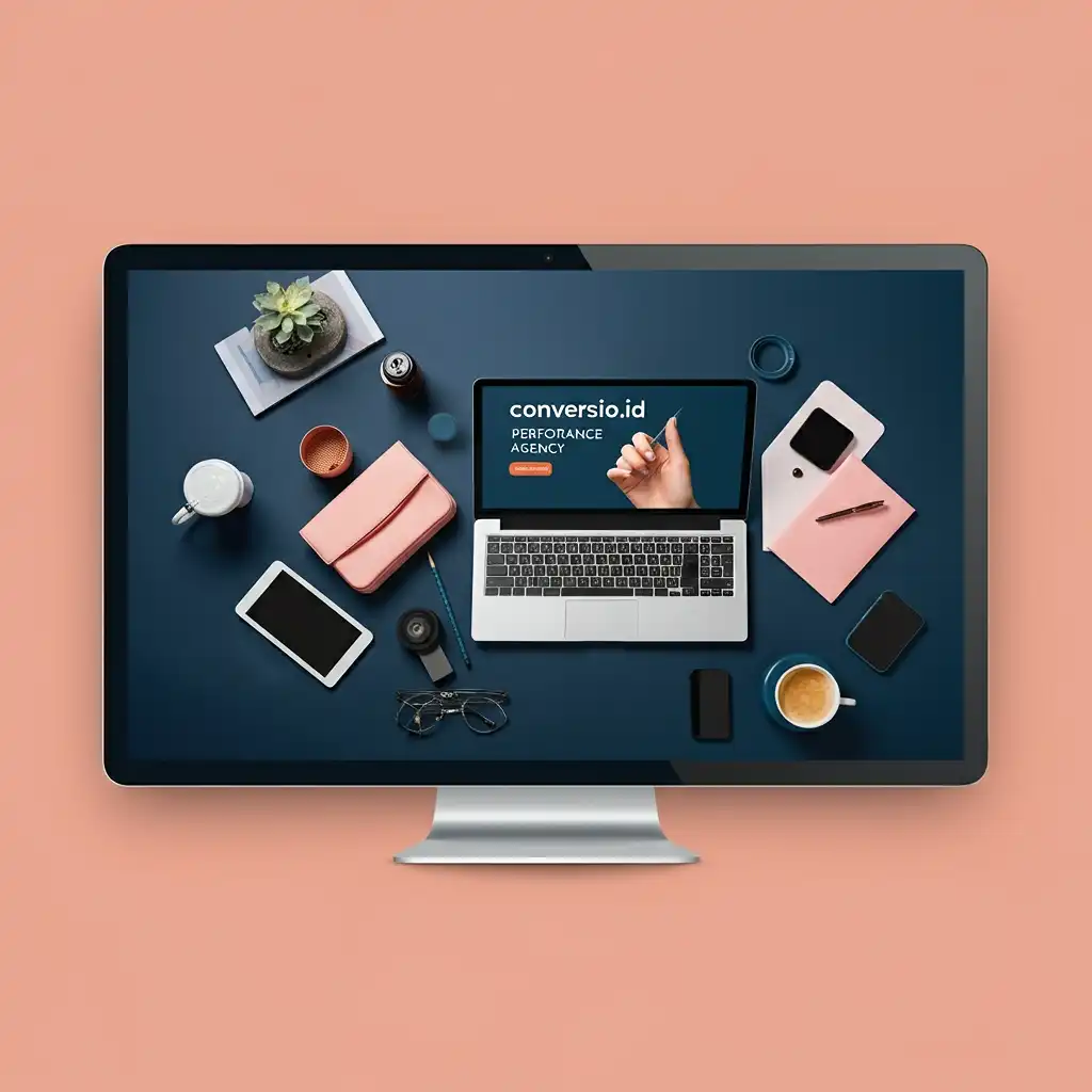Website and online store creation service banner, illustrated design, featuring conversio.id - performance agency text, modern aesthetic, vibrant colors, clean layout.