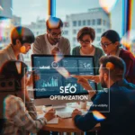Website SEO optimization banner illustration, featuring diverse people collaborating around a computer, vibrant colors, modern interface, clean design, showcasing data analytics, graph insights, and digital marketing concepts. Minimalist text overlay highlighting "SEO Optimization" with keywords: website traffic, search ranking, and online visibility.