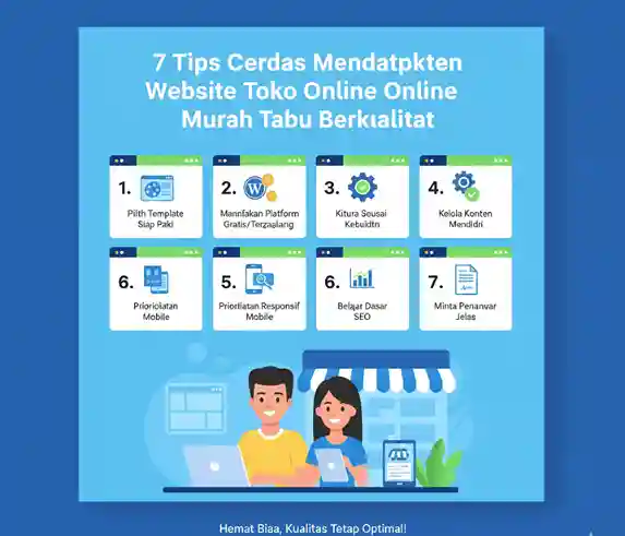 "Sebuah ilustrasi infografis yang menampilkan '7 Tips Cerdas Mendapatkan Website Toko Online Murah tapi Berkualitas'. Di bagian atas, terdapat tujuh ikon yang mewakili setiap tips: Pilih Template Siap Pakai: Ikon layar komputer dengan template. Manfaatkan Platform Gratis/Terjangkau: Ikon logo W (WordPress) atau platform. Fitur Sesuai Kebutuhan: Ikon roda gigi dengan centang. Kelola Konten Mandiri: Ikon file dengan centang. Prioritaskan Tampilan Mobile: Ikon smartphone dengan kaca pembesar. Belajar Dasar SEO: Ikon grafik batang menaik. Minta Penawaran Jelas: Ikon dokumen dengan tanda tangan. Di bagian bawah infografis, terdapat ilustrasi dua orang (seorang pria dan wanita) yang tersenyum di depan sebuah toko digital dengan laptop dan tablet, menyiratkan keberhasilan dan kemudahan dalam mengelola toko online. Bagian paling bawah bertuliskan 'Hemat Biaya, Kualitas Tetap Optimal!'. Desain ini didominasi warna biru, memberikan kesan profesional dan mudah dipahami."