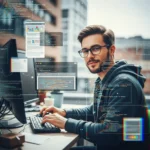 Cheerful progarammer web developer, coding at a computer, surrounded by code snippets and website mockups, wearing glasses, friendly expression, vibrant colors, digital illustration.