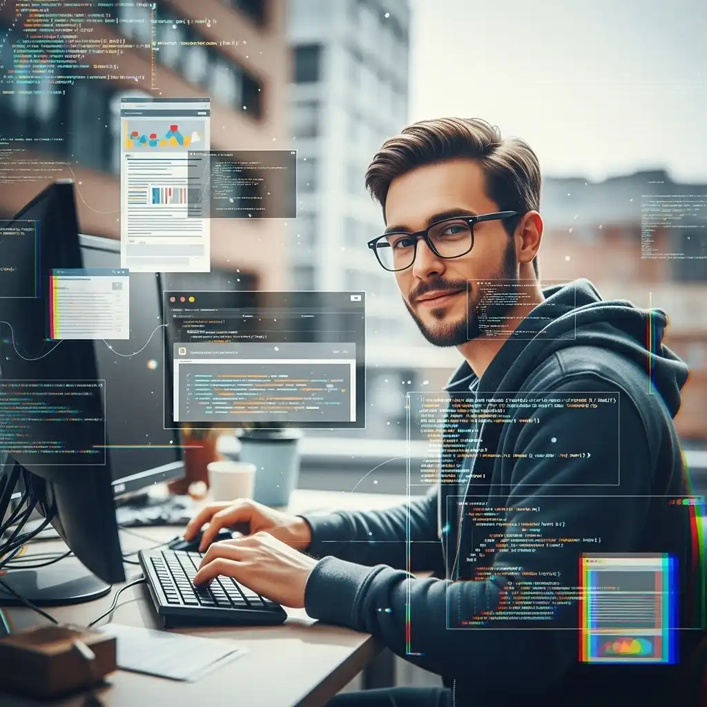 Cheerful progarammer web developer, coding at a computer, surrounded by code snippets and website mockups, wearing glasses, friendly expression, vibrant colors, digital illustration.