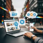 E-commerce solutions banner with online store illustration, showcasing seamless digital storefronts, secure payment gateways, mobile commerce integration, and customer relationship management tools against a vibrant, modern backdrop.