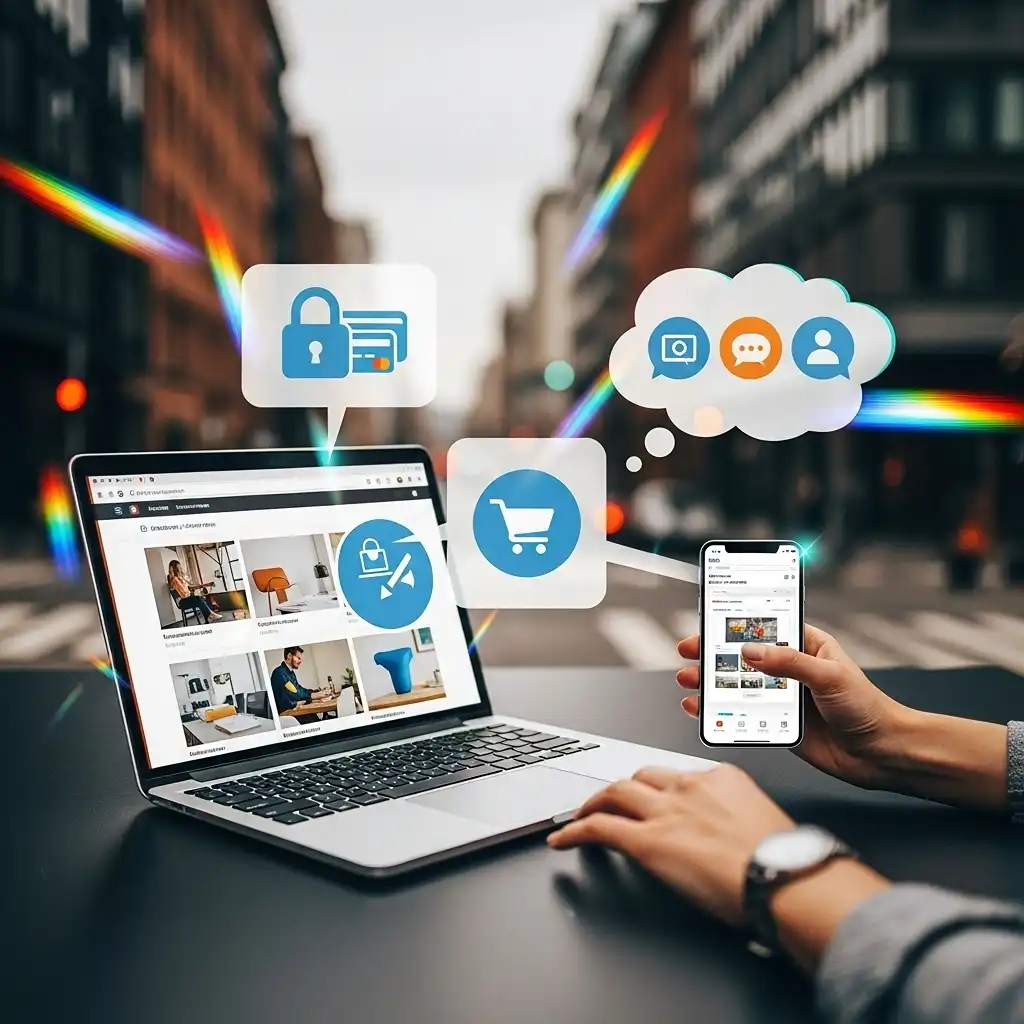 E-commerce solutions banner with online store illustration, showcasing seamless digital storefronts, secure payment gateways, mobile commerce integration, and customer relationship management tools against a vibrant, modern backdrop.