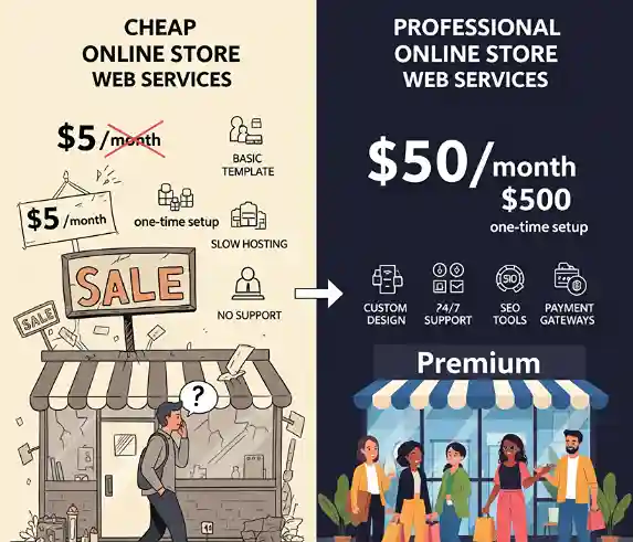 Ilustrasi membandingkan layanan web toko online murah dengan layanan web toko online profesional. Sisi kiri (murah) menunjukkan etalase toko yang lusuh dengan tanda "SALE", seorang pria yang terlihat bingung di depan toko, dan ikon yang melambangkan harga $5/bulan, pengaturan satu kali, template dasar, hosting lambat, dan tanpa dukungan. Sisi kanan (profesional) menunjukkan etalase toko yang modern dan menarik dengan tulisan "Premium", sekelompok orang yang tersenyum memegang tas belanja, dan ikon yang melambangkan harga $50/bulan dan $500 untuk pengaturan satu kali, desain kustom, dukungan 24/7, alat SEO, dan gateway pembayaran.