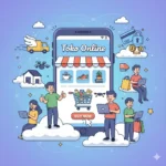 Tentu, ini deskripsi untuk ilustrasi toko online yang saya buat: Ilustrasi ini menggambarkan sebuah konsep Toko Online yang ditampilkan di layar ponsel pintar berukuran besar, dengan latar belakang berwarna biru muda dan dikelilingi oleh awan. Detail Ilustrasi Pusat Ilustrasi: Di tengah adalah sebuah ponsel pintar vertikal dengan layar menampilkan "Toko Online" di bagian atas. Di dalam layar terlihat seperti tampilan sebuah toko: sebuah etalase dengan garis-garis tenda berwarna oranye dan putih. Di bawah etalase terdapat ikon-ikon produk (cangkir kopi, sepatu, tanaman pot) dan keranjang belanja penuh barang. Terdapat tombol besar bertuliskan "BUY NOW" di bagian bawah layar. Karakter dan Aktivitas: Beberapa karakter terlihat berinteraksi dengan dunia online ini, kebanyakan duduk atau berdiri di atas awan, melambangkan kemudahan dan aksesibilitas: Seorang pria berdiri di sebelah kiri dengan pose jempol ke atas (tanda persetujuan/suka). Seorang wanita duduk di awan di sampingnya sambil menggunakan laptop. Di sisi kanan, dua pria duduk/berdiri sambil menggunakan laptop atau tas belanja kertas berwarna kuning dan hijau. Elemen E-commerce: Berbagai elemen terkait toko online mengelilingi ponsel: Di sebelah kiri atas, sebuah truk pengiriman kuning dengan sayap terbang di udara, melambangkan logistik cepat. Sebuah drone mini terlihat di dekat keranjang belanja, menunjukkan teknologi pengiriman modern. Di sebelah kanan atas, terdapat ikon kartu kredit dan gembok yang terkunci di awan, menyimbolkan keamanan transaksi online. Ikon uang koin emas juga terlihat di awan, melambangkan pembayaran. Secara keseluruhan, ilustrasi ini menggunakan gaya kartun yang ceria dan penuh warna untuk menyampaikan ekosistem e-commerce yang dinamis dan mudah diakses melalui perangkat mobile.