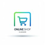 Online shop logo, gradient blue shades, transparent green border, neon light hover effect, stylized shopping cart icon, modern, minimalist.