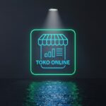 creatme an impressife logo toko online with color gradient b;lue shade border transparent green and hover effect neon light, the illiurstration image is icons shop or chart icon